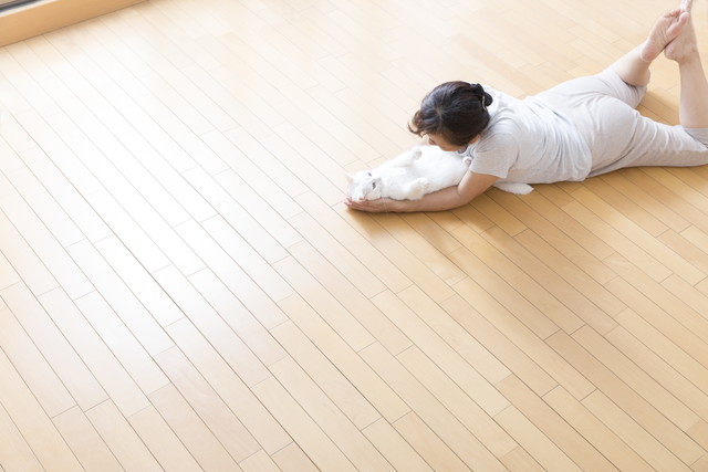 床で猫と遊ぶ女性